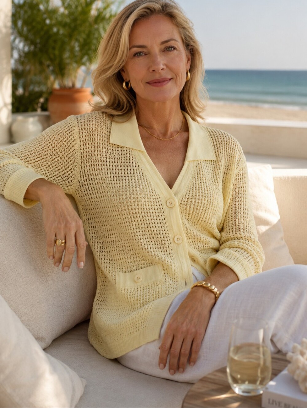 Lilli Ann Collections Vtg. Open Weave Buttery Yellow Cotton Cardigan Sz M